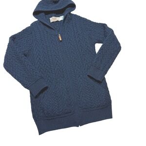 Aran Sweater Market Merino Wool Cable Knit Full Zip Hoodie Navy Blue Size S